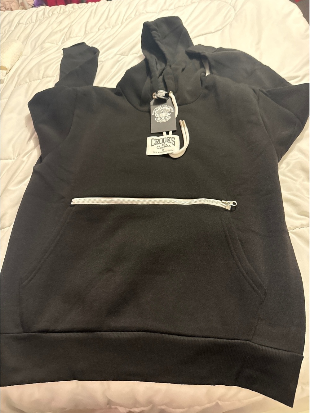 Crooks & Castles Black Pullover Hoodie with White Zipper Pocket